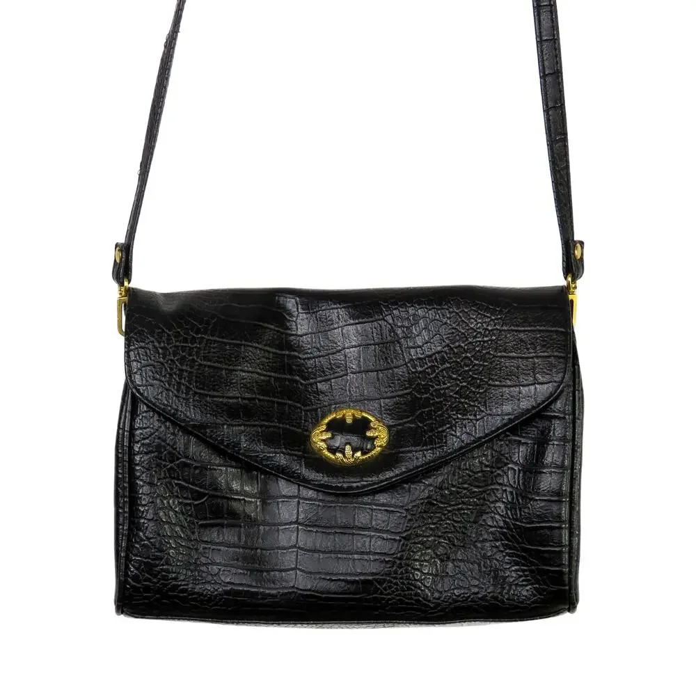 Vintage 1970s Croc Embossed Leather Crossbody Bag Black Gold Medium - Picture 2 of 10